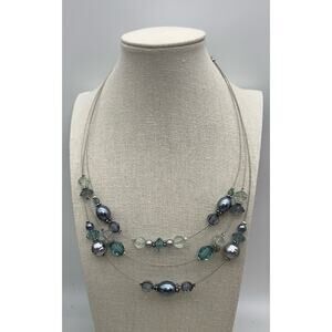 Vintage Napier Silver Tone Wire Necklace Different Shades Of Blue Beads Signed